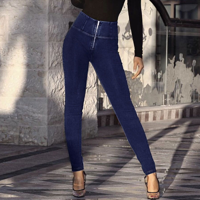 Skinny-Yoga-Jeans Mit Hohem Bund Und Reißverschluss – Dunkelblauer, Sportlicher Stil