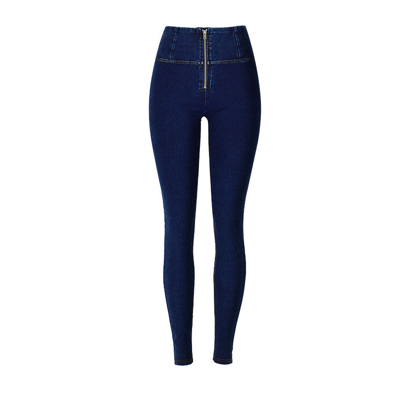 Skinny-Yoga-Jeans Mit Hohem Bund Und Reißverschluss – Dunkelblauer, Sportlicher Stil