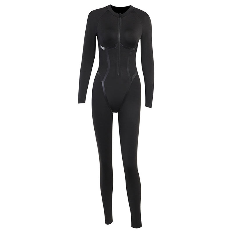 Athletic Reißverschluss Langarm Kontrastkante Detaillierte Dünne Jumpsuit - Schwarz