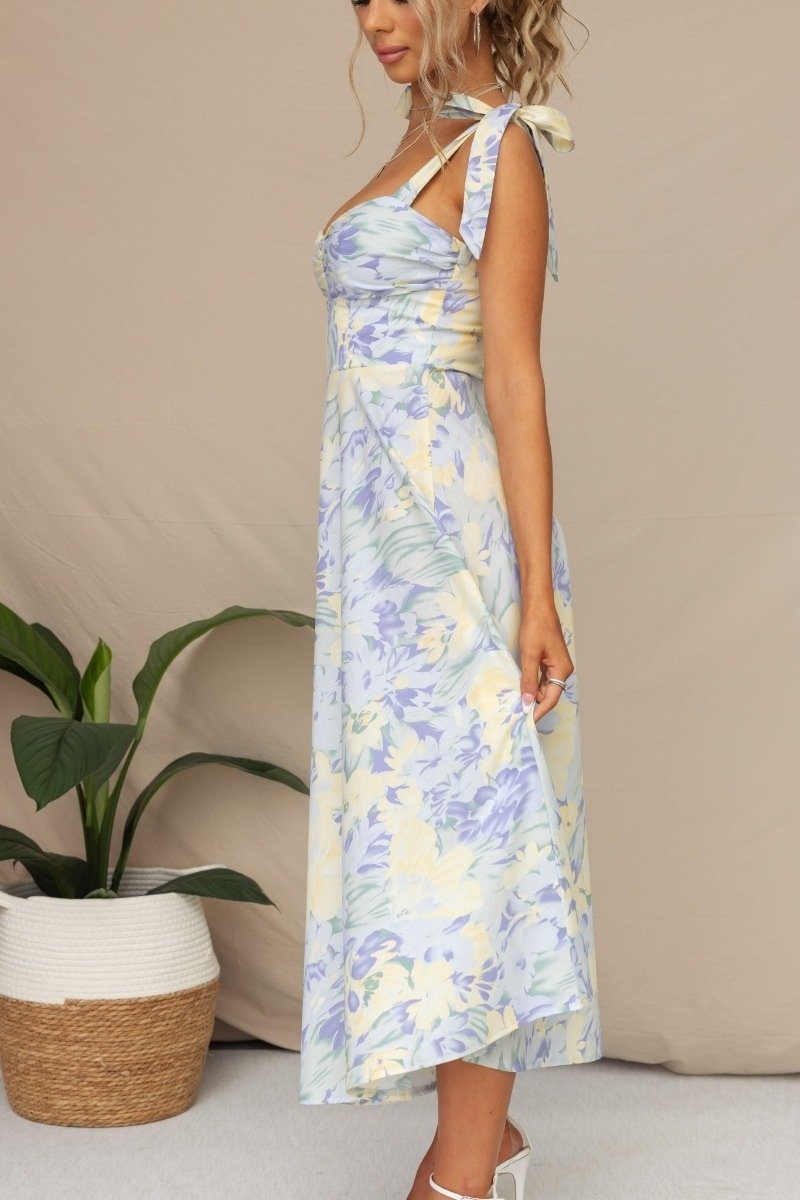 Midikleid Mit Abstraktem Blumenmuster Und Rüschendetail