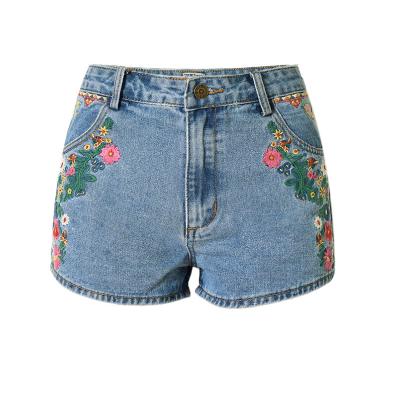 Blaue Jeansshorts Mit Hoher Taille Und Blumenmuster İm Bohemian-Stil