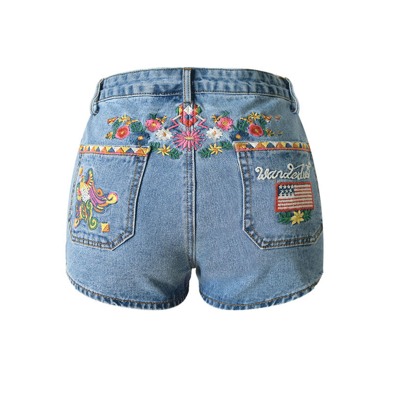 Blaue Jeansshorts Mit Hoher Taille Und Blumenmuster İm Bohemian-Stil