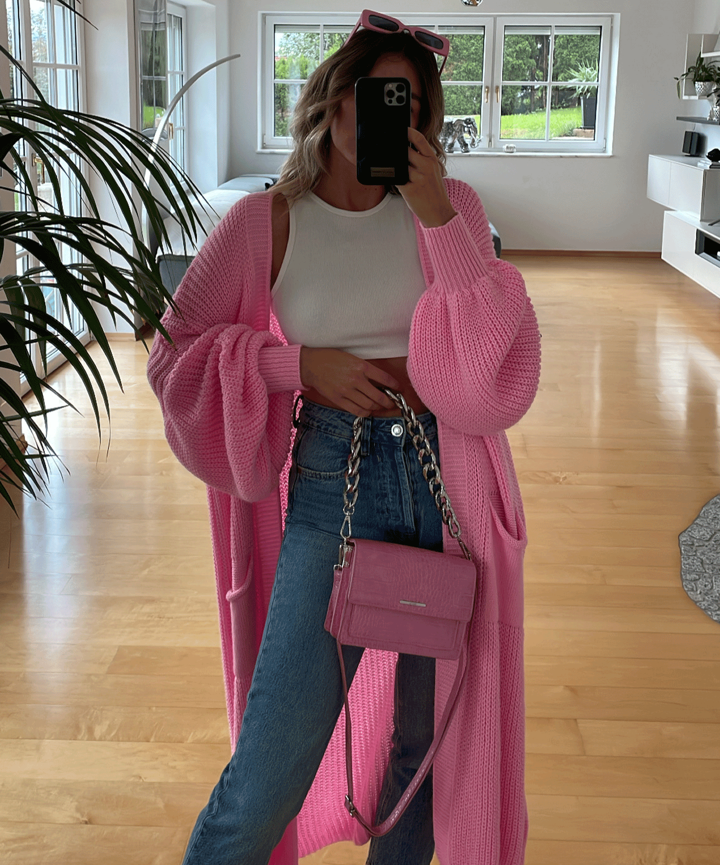 Hellrosa Maxi-Strickjacke