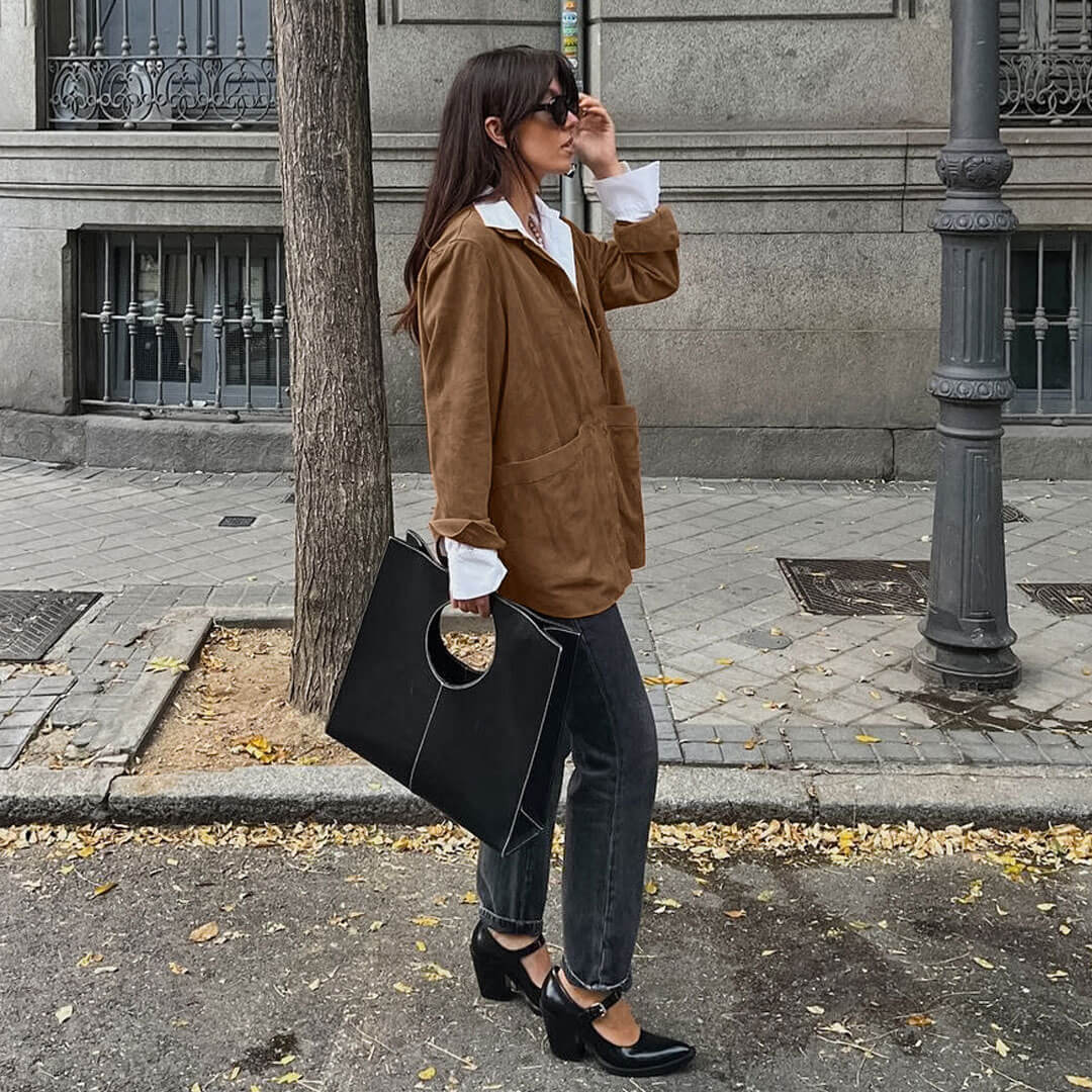 Bequemer Umschlagkragen, Langärmlige Button-Down-Jacke Aus Wildlederimitat Mit Cargotaschen