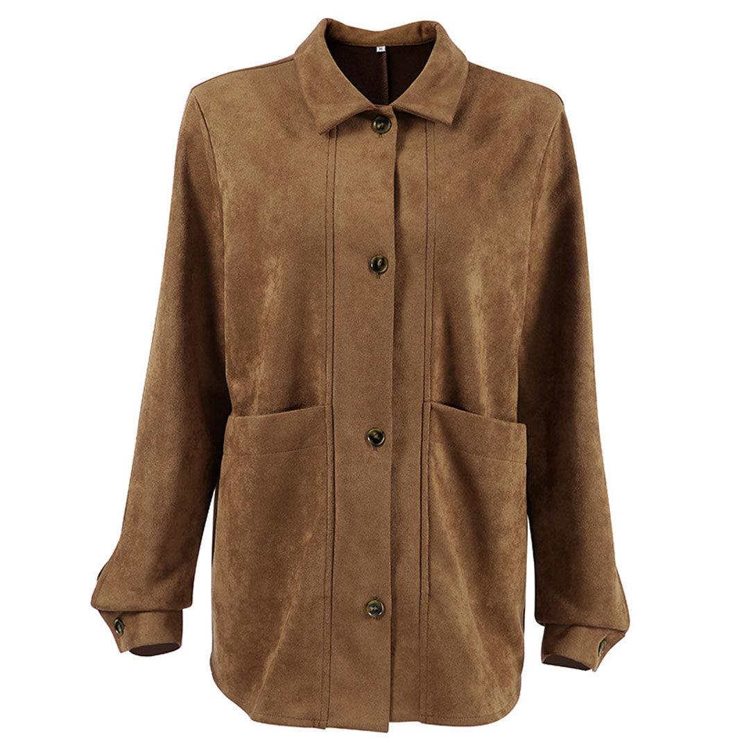 Bequemer Umschlagkragen, Langärmlige Button-Down-Jacke Aus Wildlederimitat Mit Cargotaschen