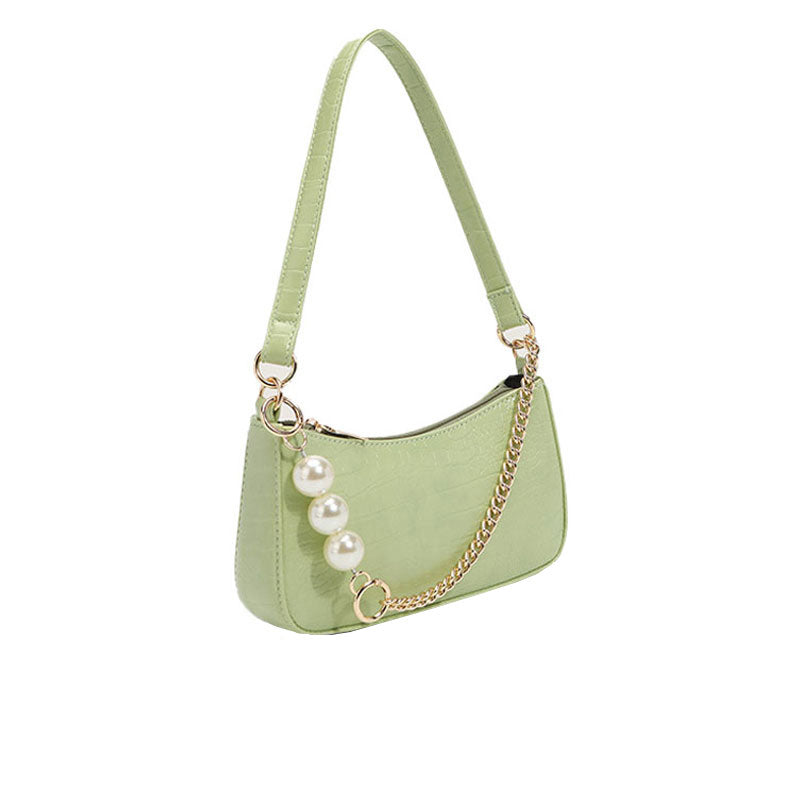 Schicke Baguette-Tasche Mit Perlendetails Und Dicker Kette Und Krokodilmuster - Salvia Green