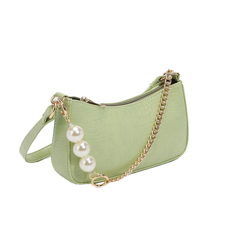 Schicke Baguette-Tasche Mit Perlendetails Und Dicker Kette Und Krokodilmuster - Salvia Green