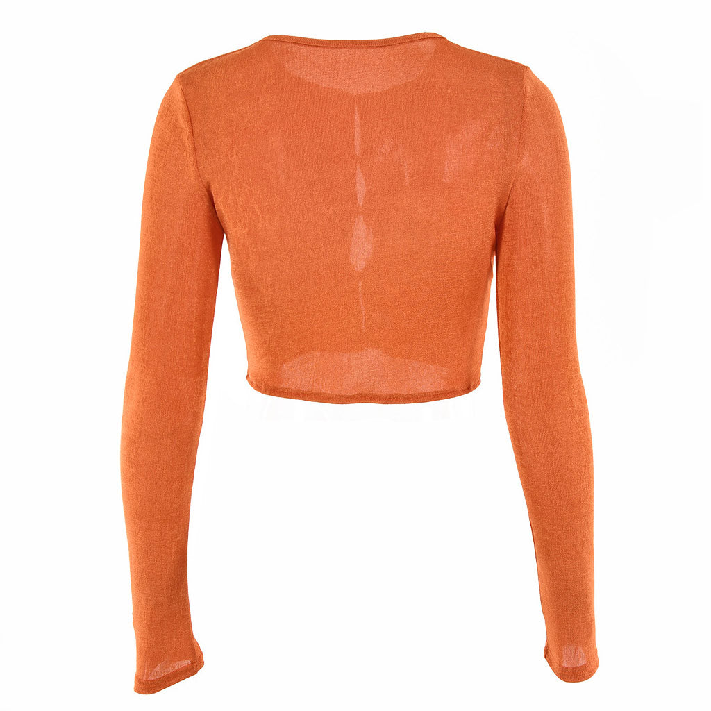 Stilvolle Rundhals-Bluse Mit Knöpfen Und Langen Ärmeln - Gebranntes Orange