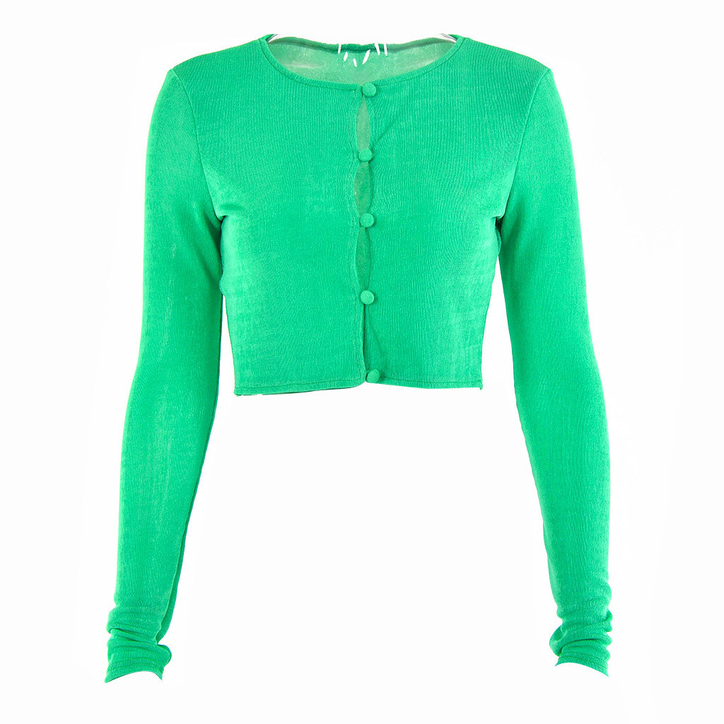 Stilvolles Grünes Crop-Top Mit Rundhalsausschnitt Und Knöpfen Und Langen Ärmeln
