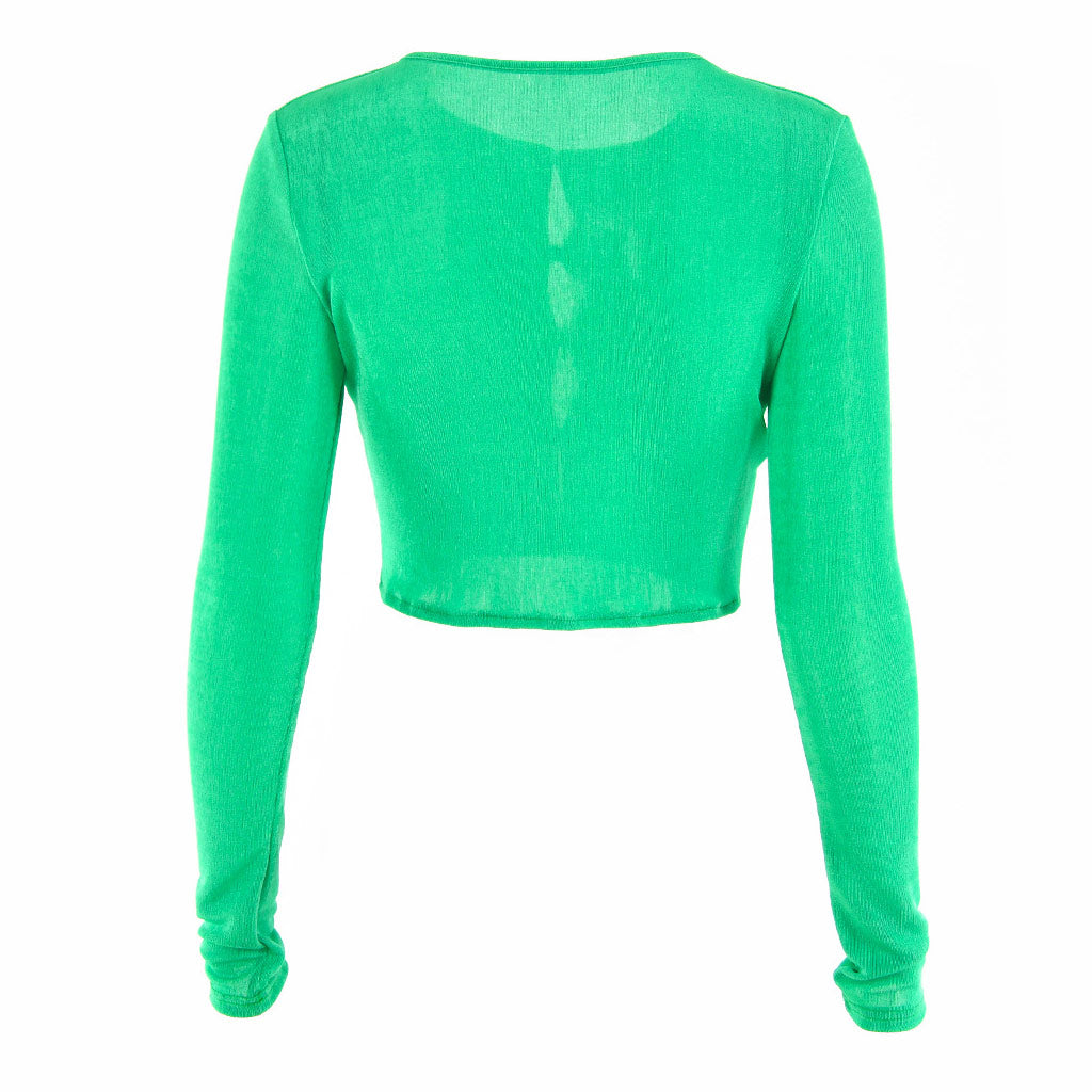 Stilvolles Grünes Crop-Top Mit Rundhalsausschnitt Und Knöpfen Und Langen Ärmeln