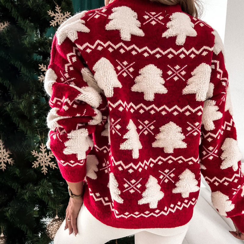 Roter Oversize-Pullover Mit Jacquard-Weihnachtsbaummuster Und Langen Ärmeln – Rundhals