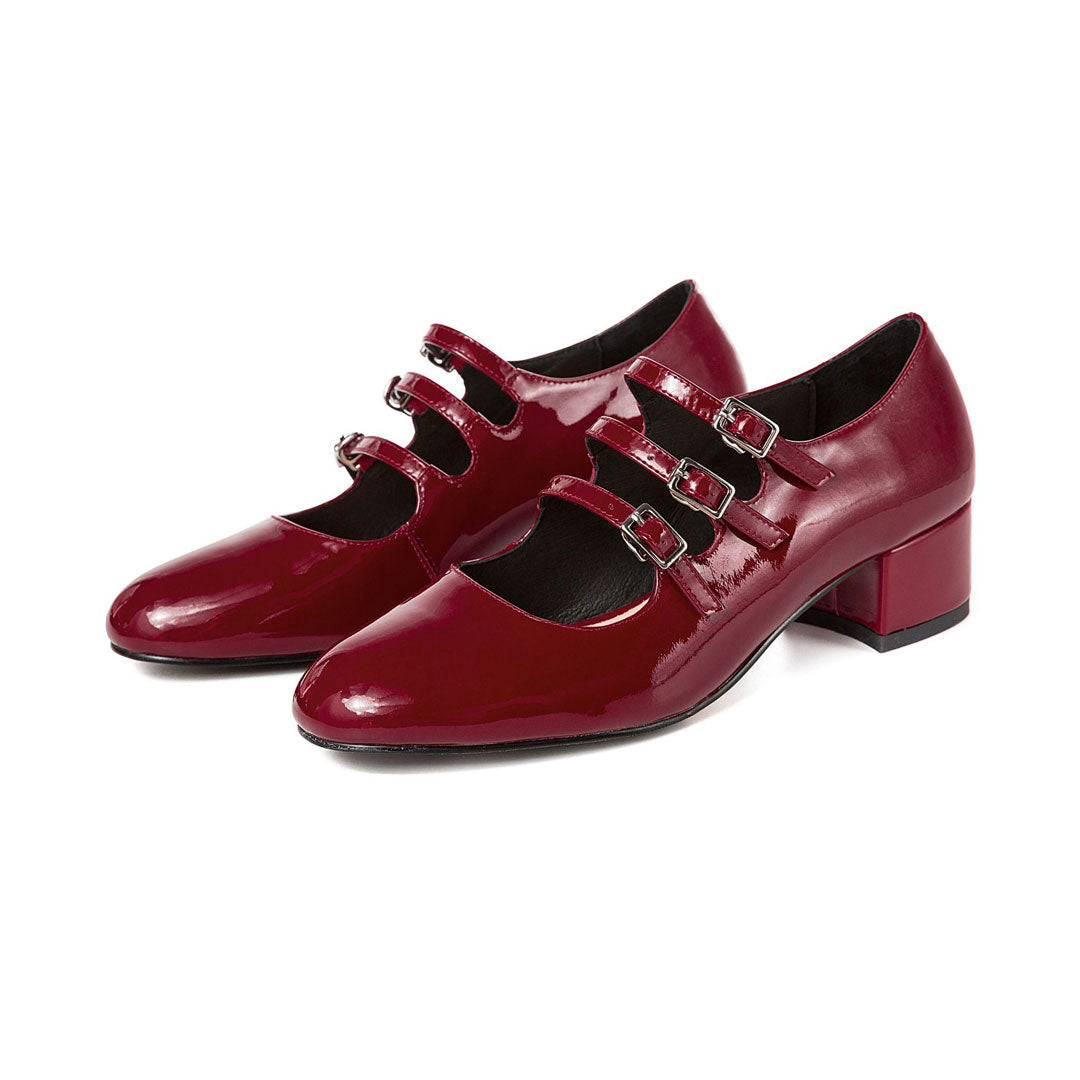 Burgunderrote Klassische Mary-Jane-Schuhe Aus Lackleder Mit Schnalle Und Blockabsatz