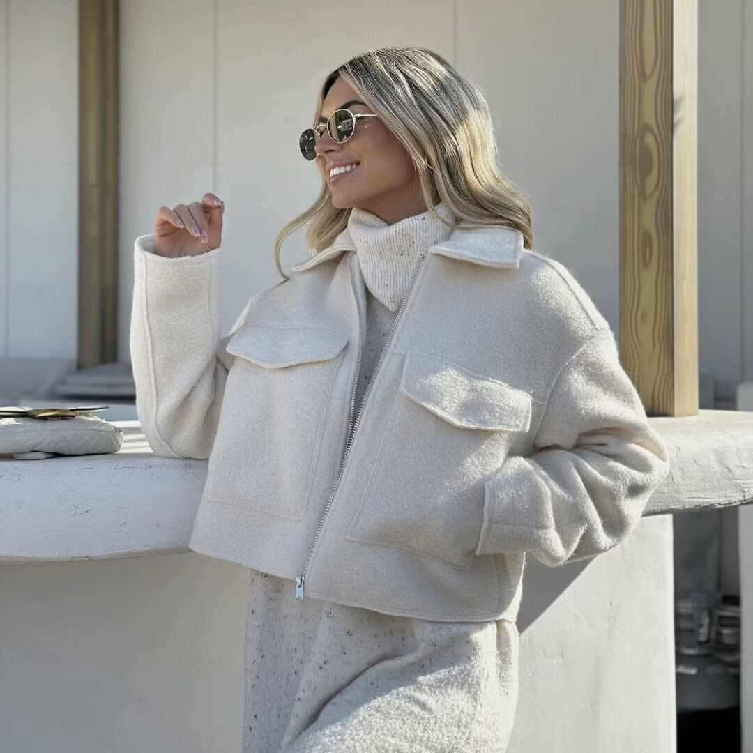 Bunte Cargo-Tasche Mit Reißverschluss Und Langen Ärmeln, Kurze Wolljacke – Klassisches Faltbares Modell