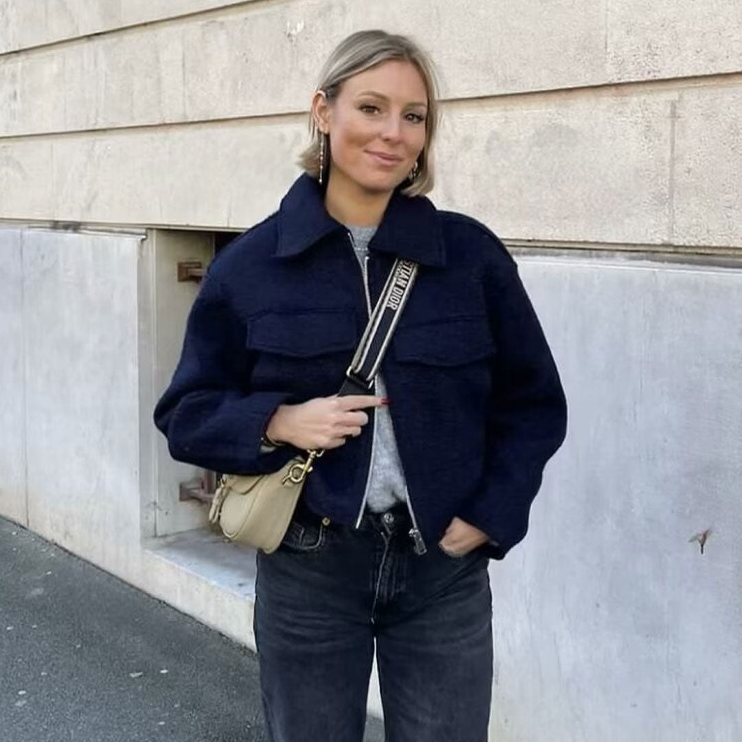 Bunte Cargo-Tasche Mit Reißverschluss Und Langen Ärmeln, Kurze Wolljacke – Klassisches Faltbares Modell