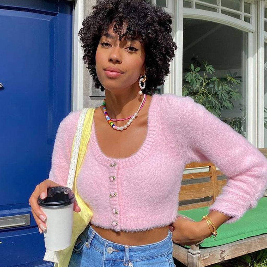 Süße Strickjacke Mit Puffkragen Und Kurzen Ärmeln - Rosa