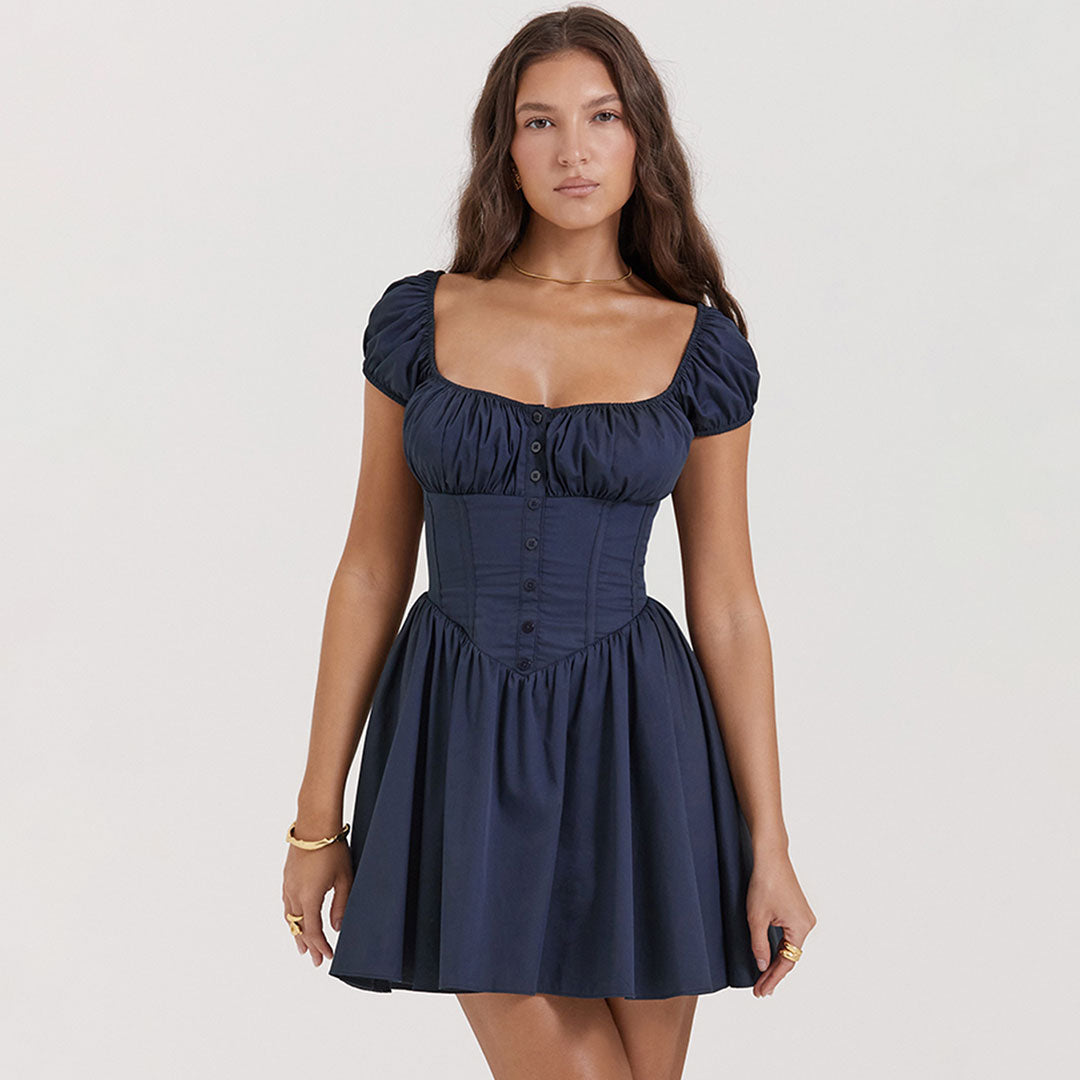 Süßes Minikleid Mit Rüschen Und Geknöpften Puffärmeln Und Niedriger Taille - Marineblau