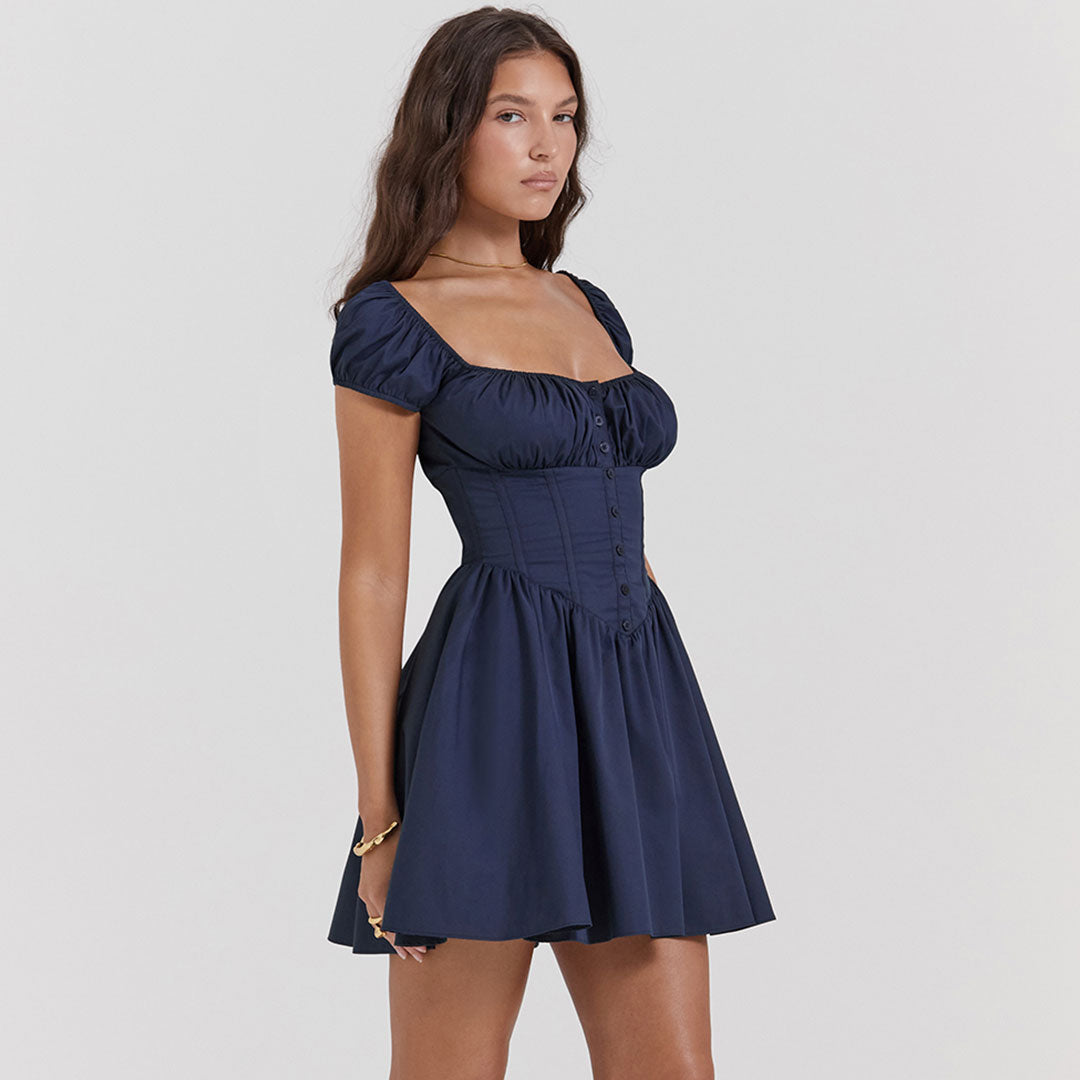 Süßes Minikleid Mit Rüschen Und Geknöpften Puffärmeln Und Niedriger Taille - Marineblau