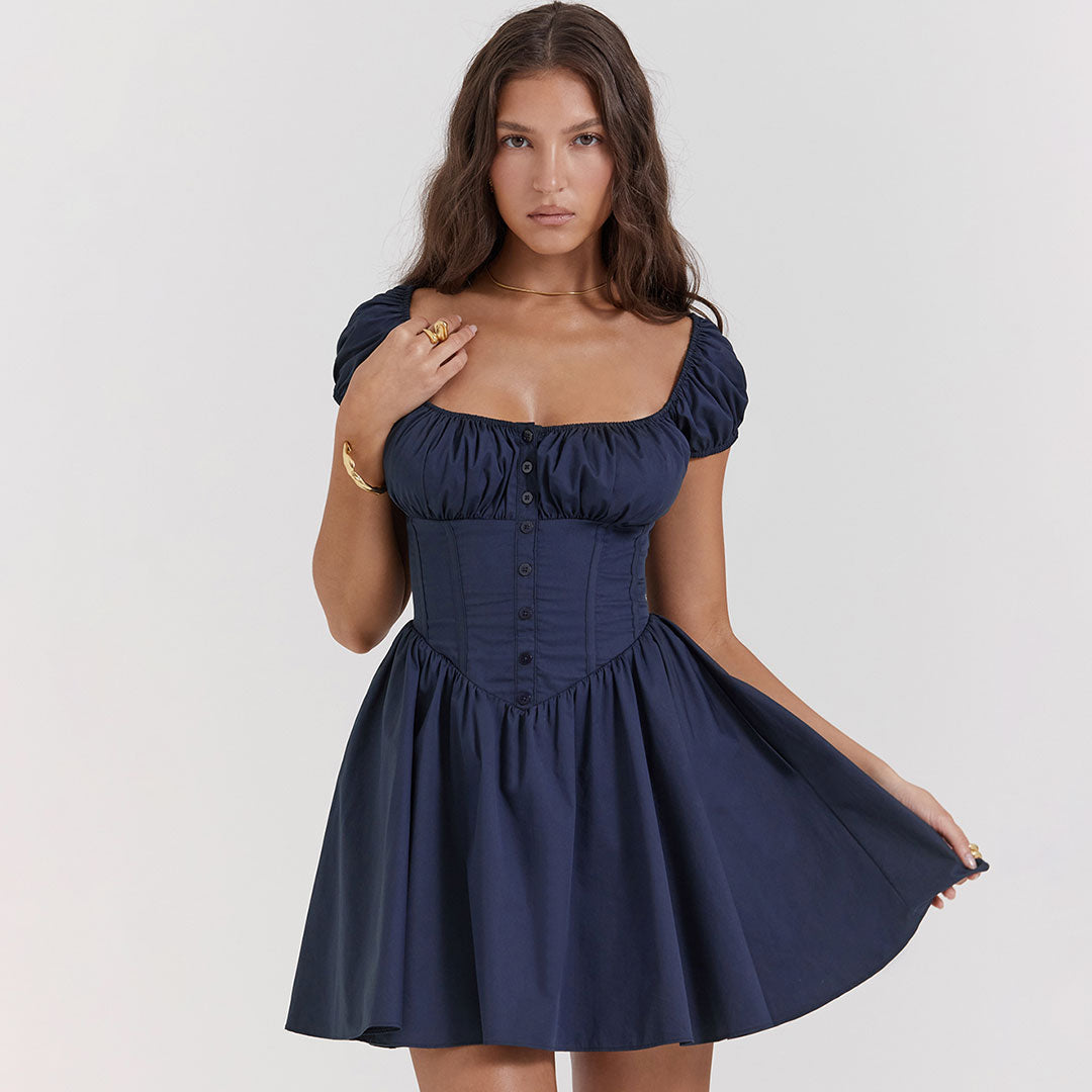 Süßes Minikleid Mit Rüschen Und Geknöpften Puffärmeln Und Niedriger Taille - Marineblau