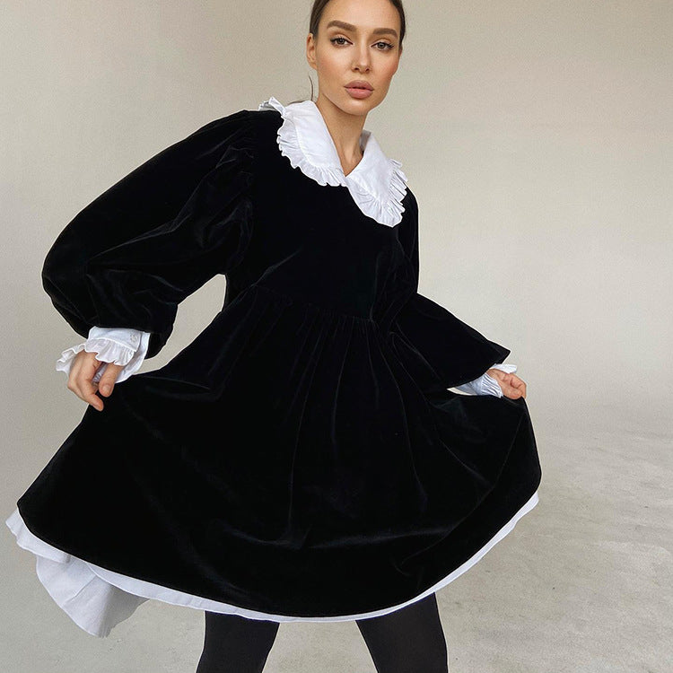 Elegantes Minikleid İm Französischen Stil Mit Hohem Kragen