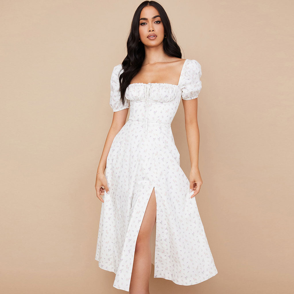 Geblümtes, Gemustertes Maxikleid Mit Puffärmeln Und Hohem Schlitz - Weiß