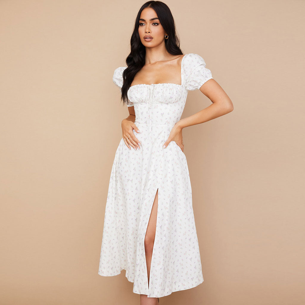 Geblümtes, Gemustertes Maxikleid Mit Puffärmeln Und Hohem Schlitz - Weiß