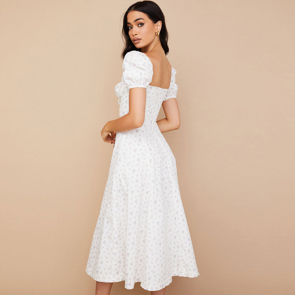 Geblümtes, Gemustertes Maxikleid Mit Puffärmeln Und Hohem Schlitz - Weiß
