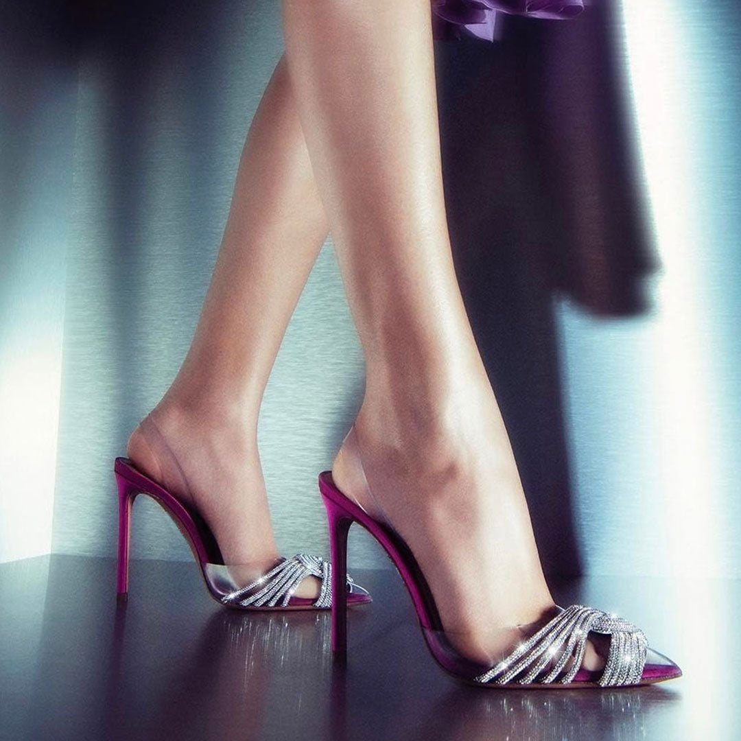 Glänzende, Kristallbesetzte Pvc-High Heels Mit Gedrehter Vorderspitze - Rosa