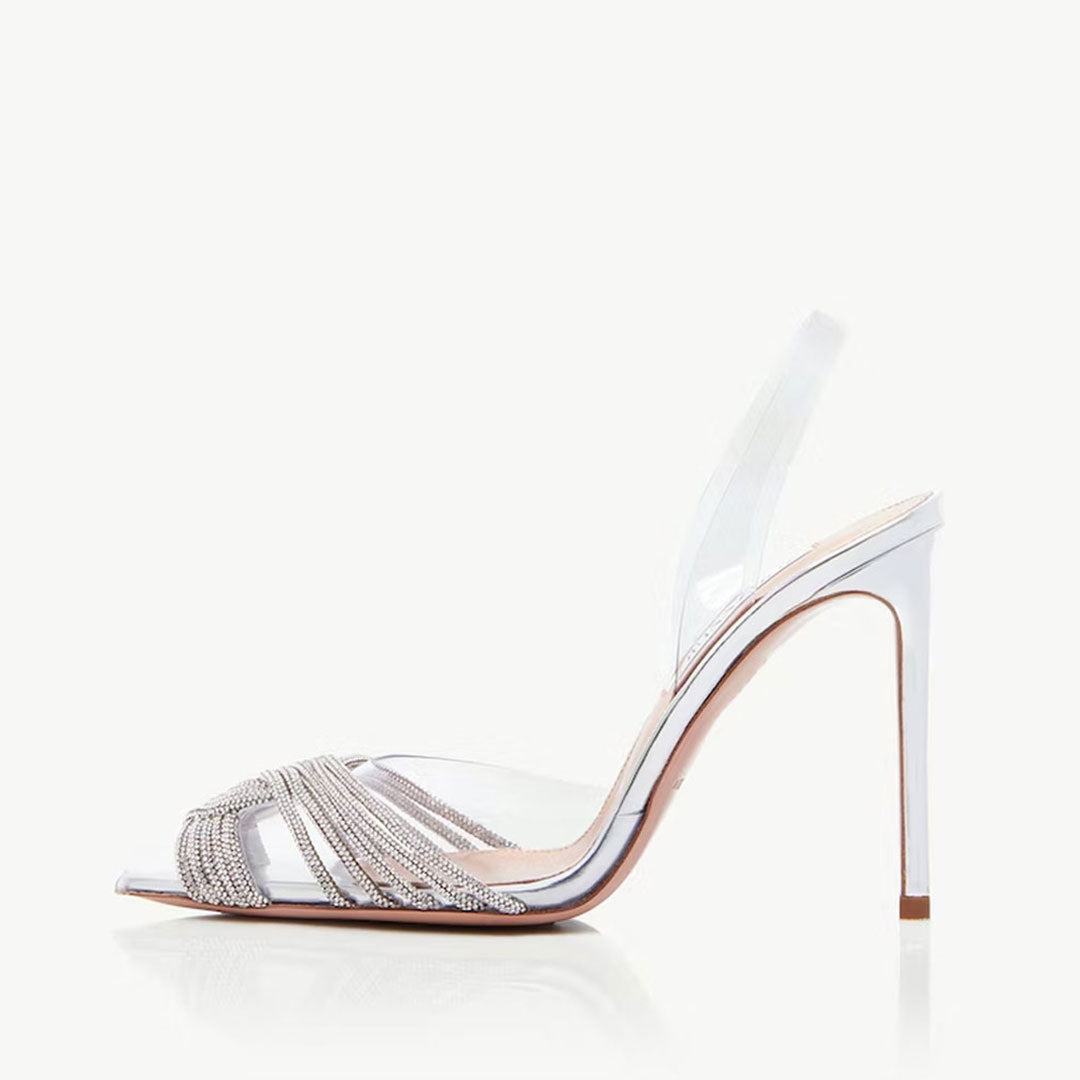 Glänzende, Kristallbesetzte, Silberne Pvc-High Heels
