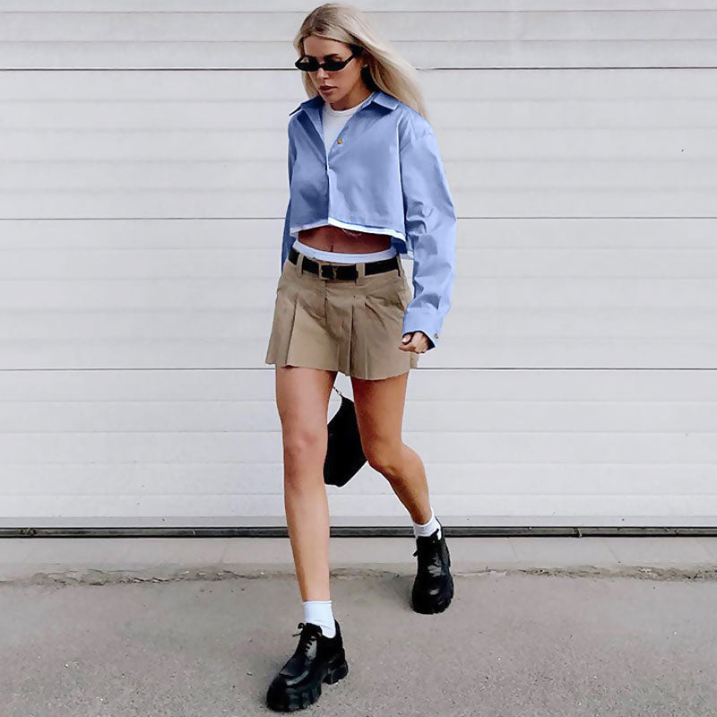 Crop Top Mit Ausgefranstem Detail Und Geknöpftem Langarmkragen - Blau