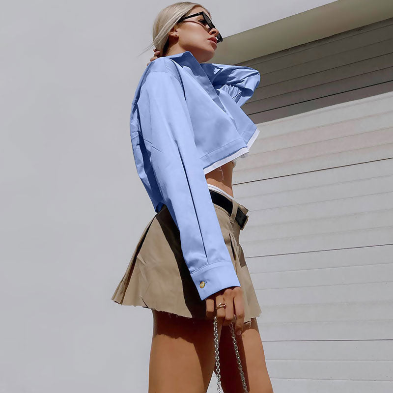 Crop Top Mit Ausgefranstem Detail Und Geknöpftem Langarmkragen - Blau