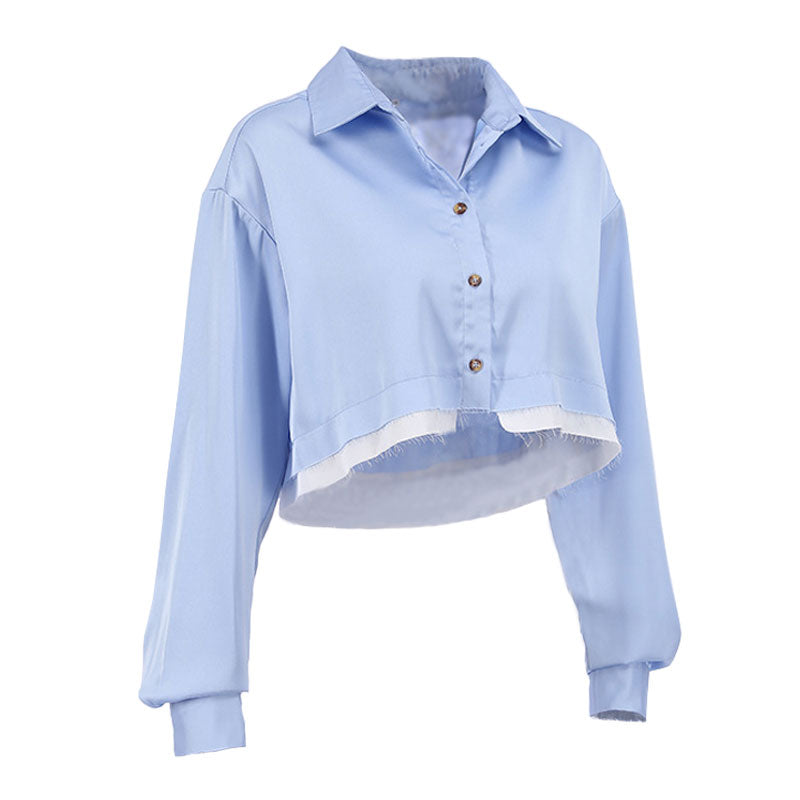 Crop Top Mit Ausgefranstem Detail Und Geknöpftem Langarmkragen - Blau