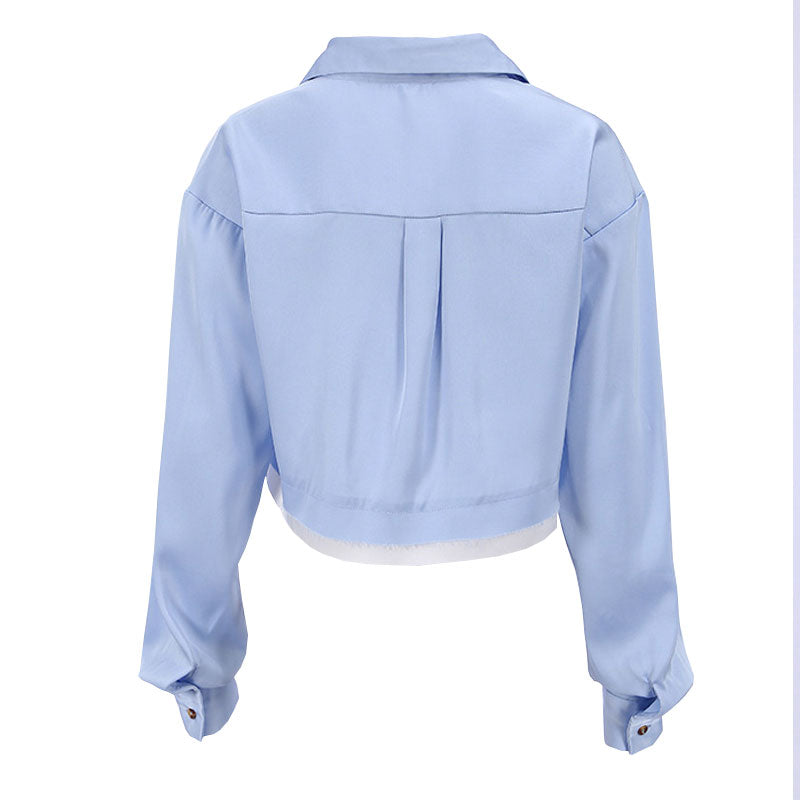 Crop Top Mit Ausgefranstem Detail Und Geknöpftem Langarmkragen - Blau