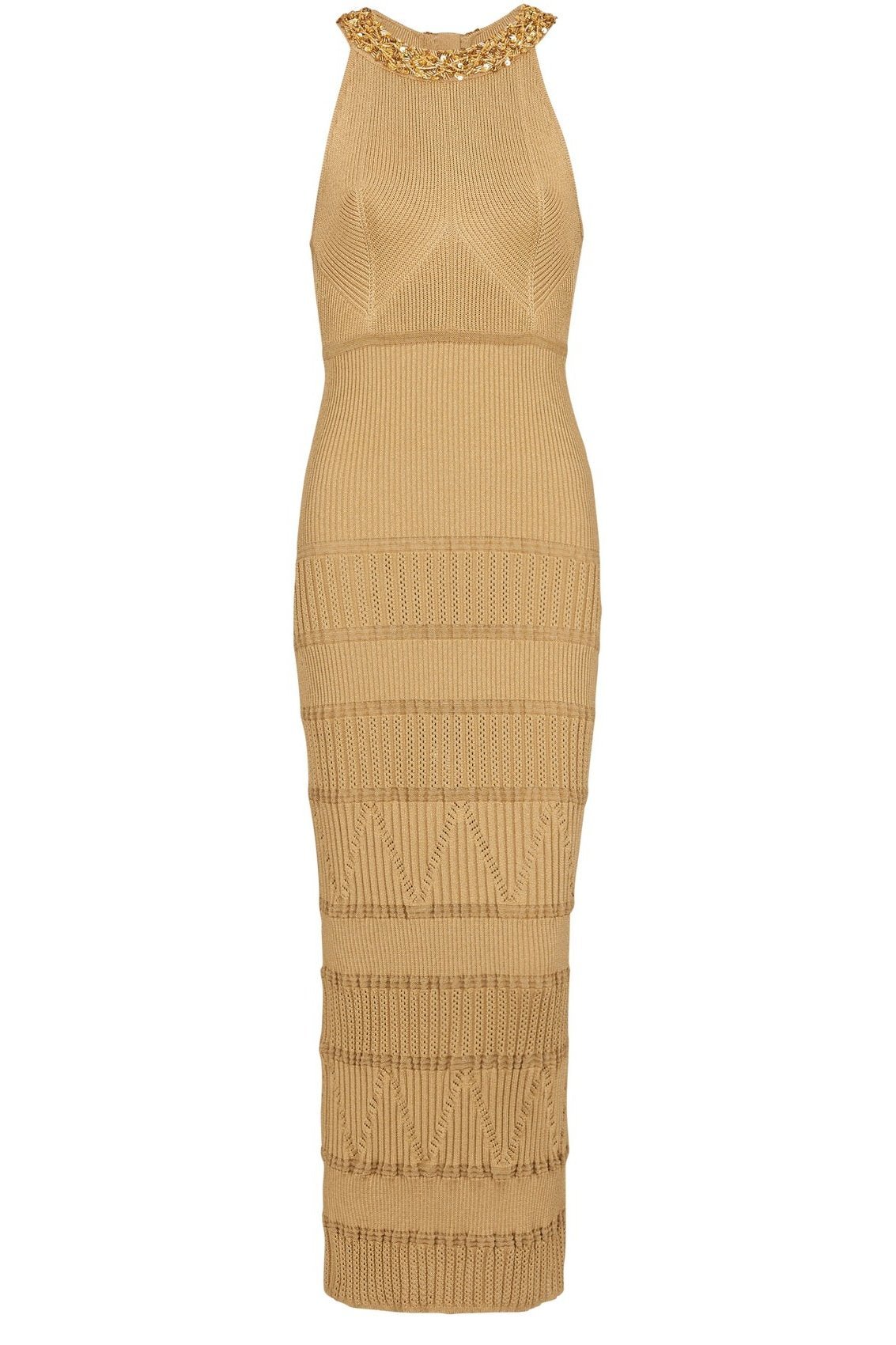 Besticktes Midi-Strickkleid Mit Hohem Kragen