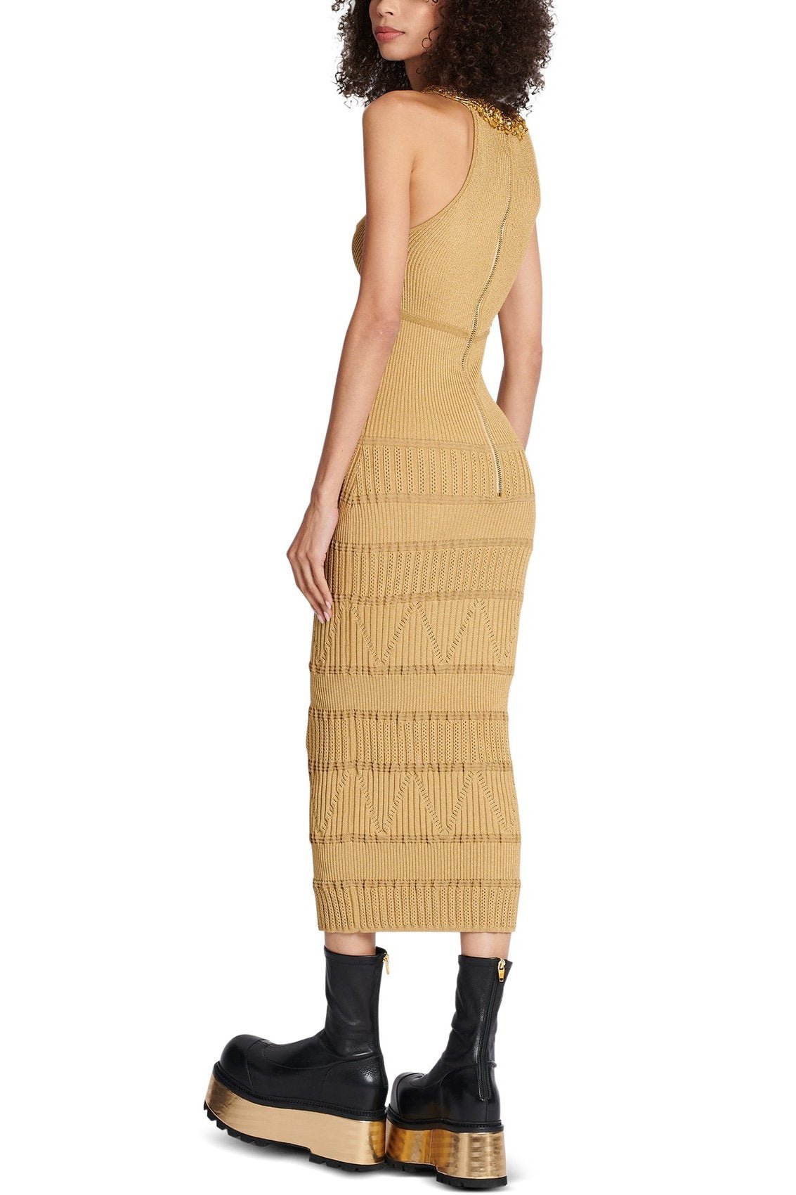 Besticktes Midi-Strickkleid Mit Hohem Kragen