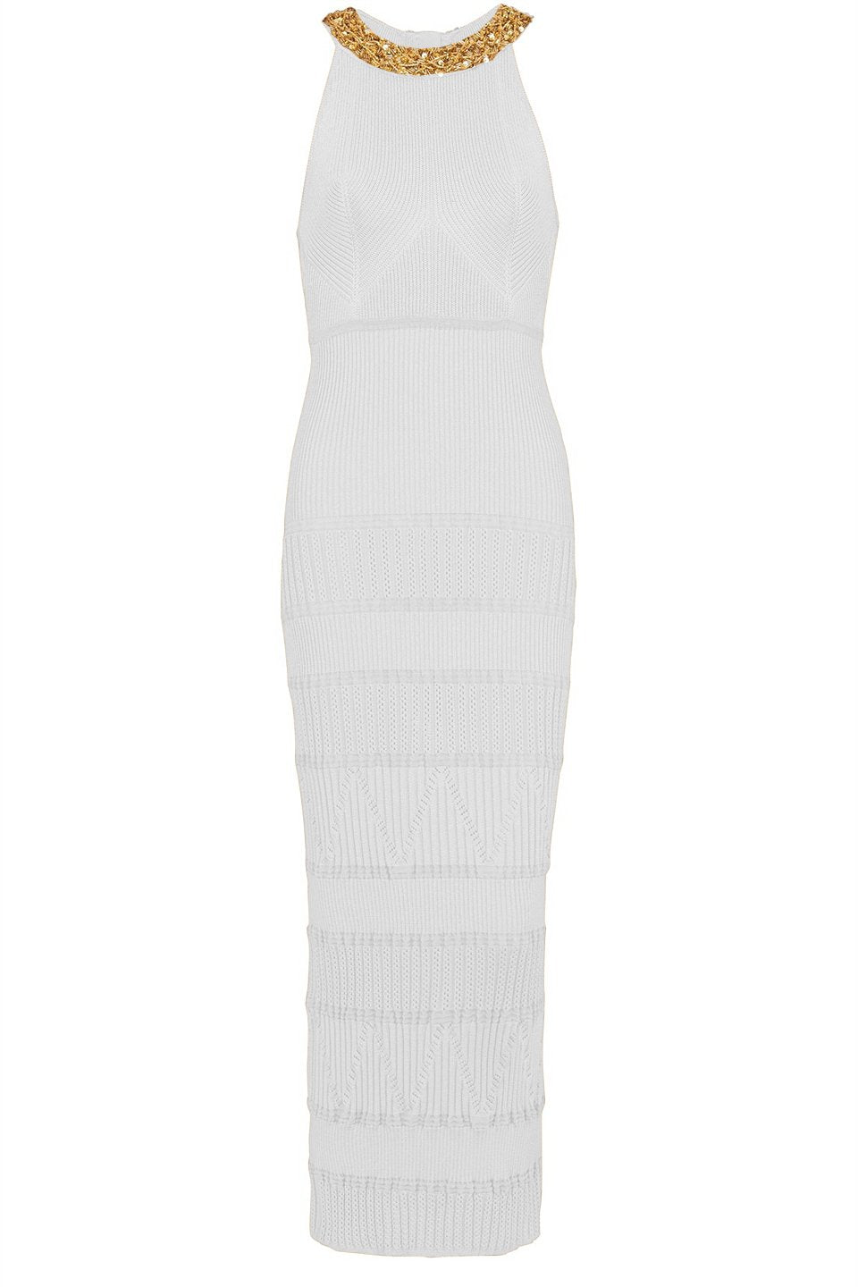 Besticktes Midi-Strickkleid Mit Hohem Kragen
