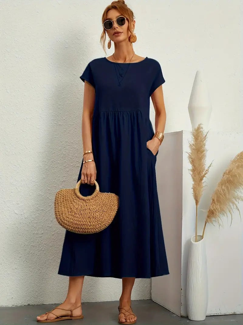 Kurzärmliges Midikleid Mit Taschen