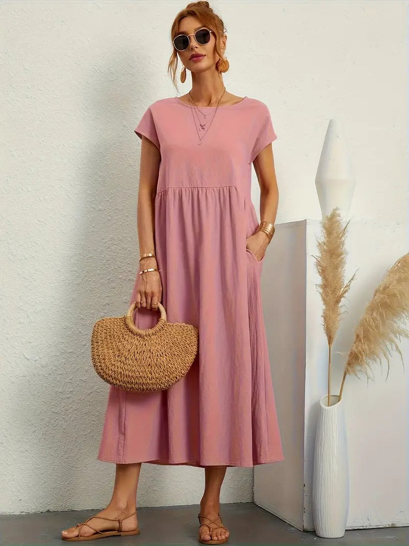 Kurzärmliges Midikleid Mit Taschen