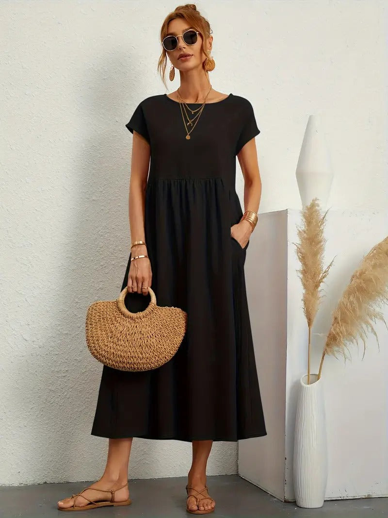 Kurzärmliges Midikleid Mit Taschen