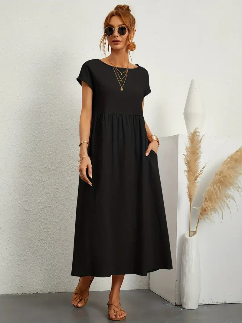 Kurzärmliges Midikleid Mit Taschen