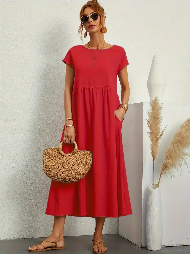 Kurzärmliges Midikleid Mit Taschen