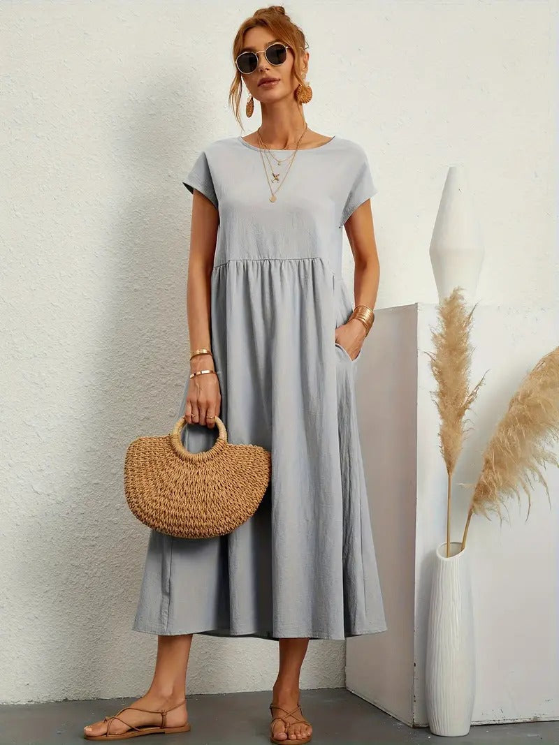 Kurzärmliges Midikleid Mit Taschen