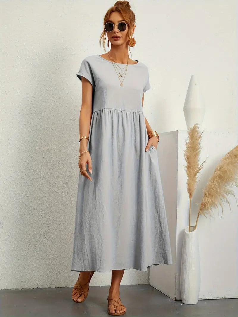 Kurzärmliges Midikleid Mit Taschen