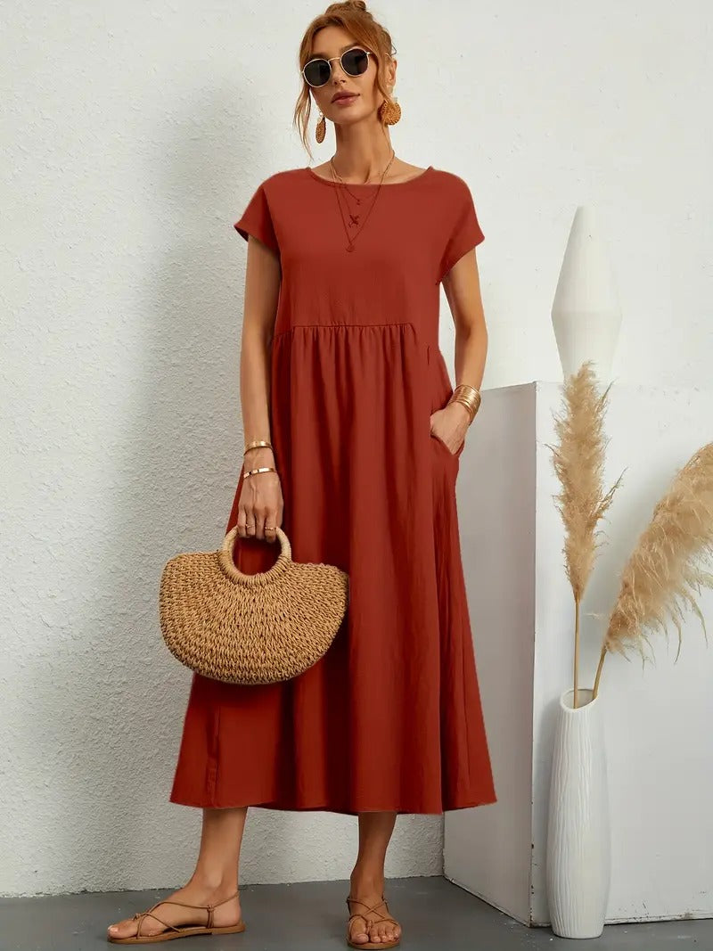 Kurzärmliges Midikleid Mit Taschen