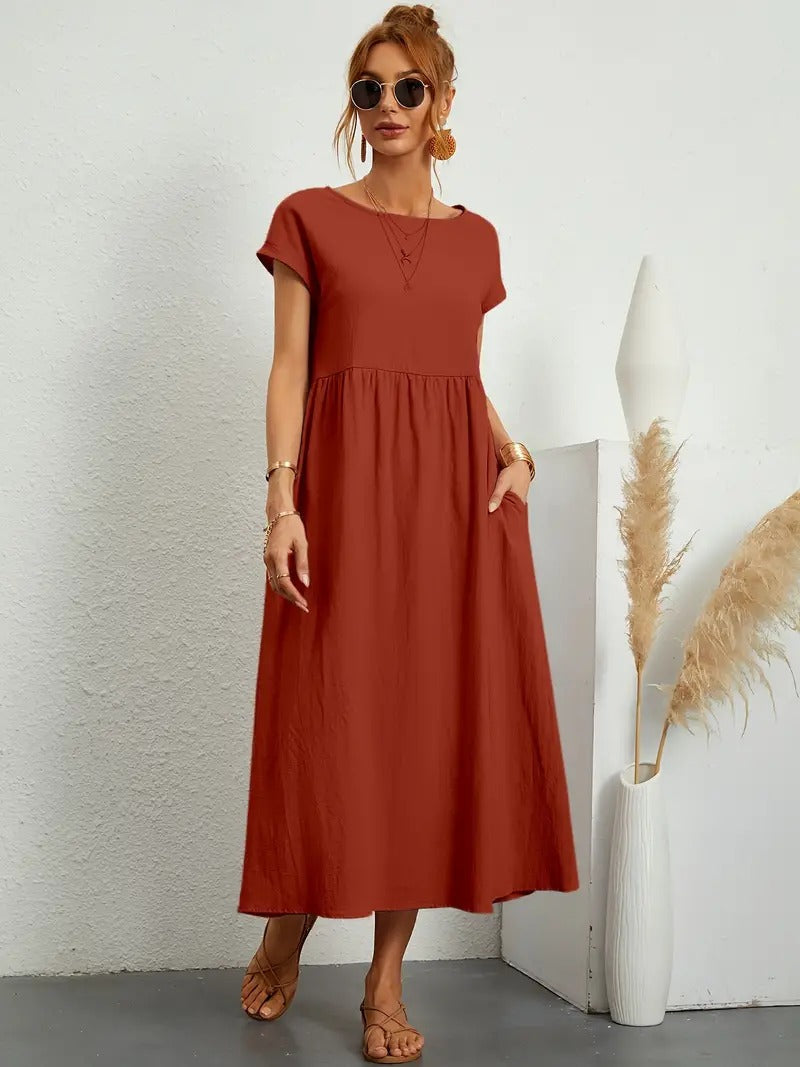 Kurzärmliges Midikleid Mit Taschen