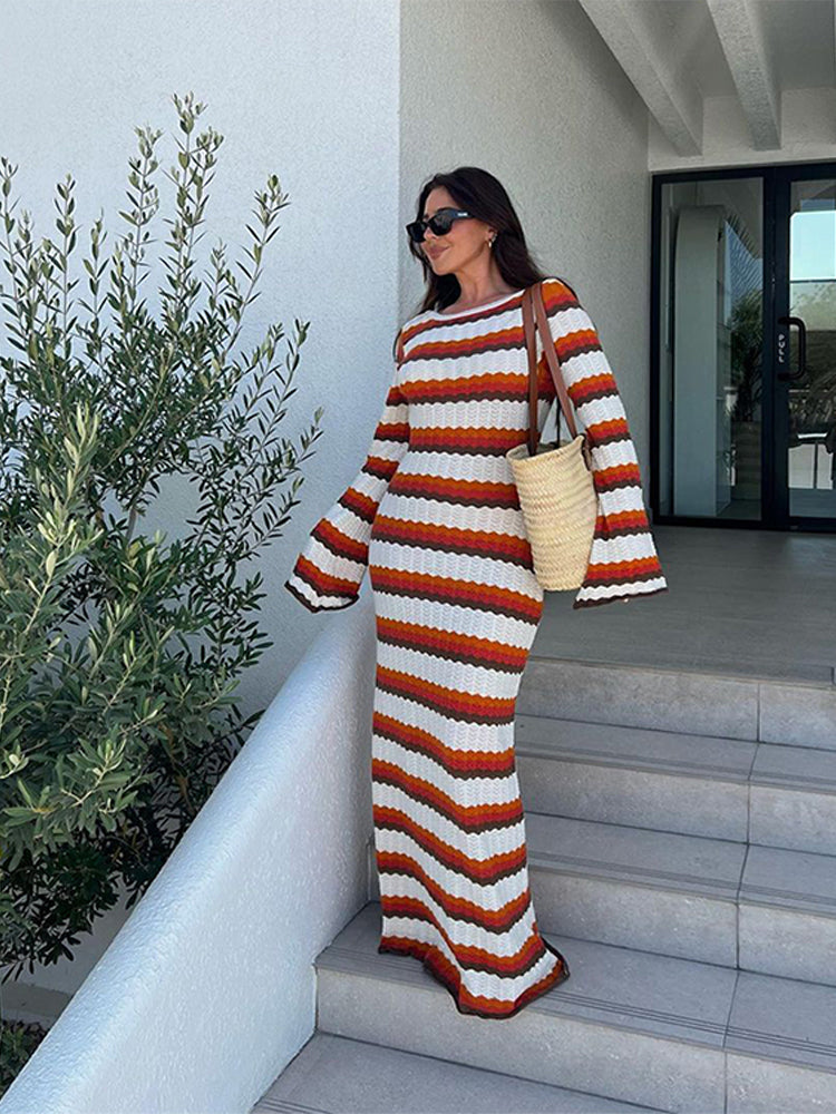 Stilvolles, Trendiges, Langes, Gestreiftes Ibiza-Kleid
