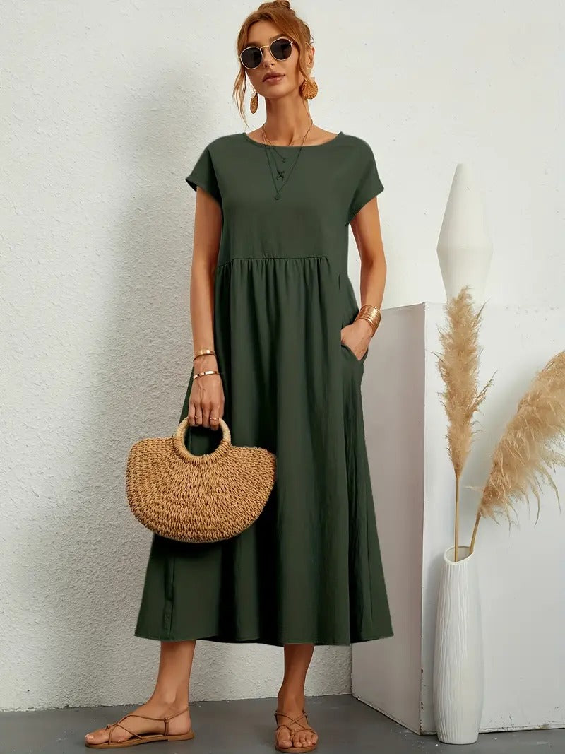 Kurzärmliges Midikleid Mit Taschen