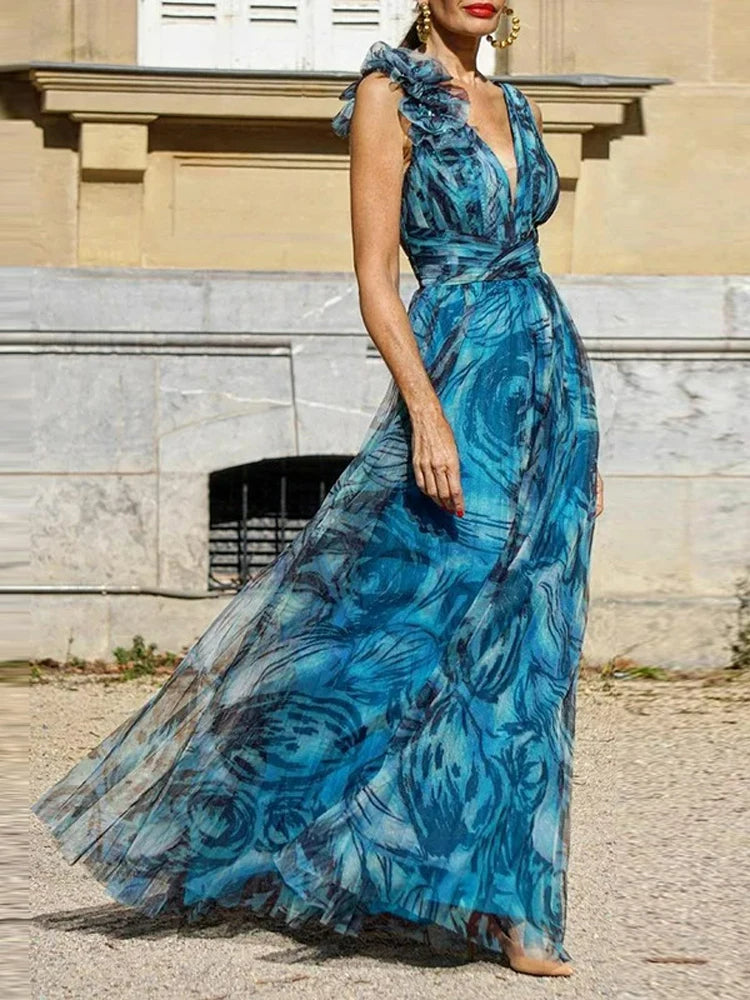 Blaues Maxikleid Mit Pfauenmuster