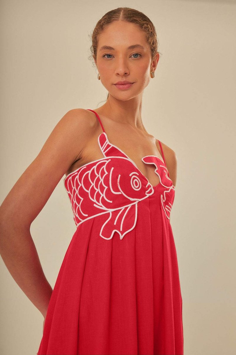 Maxikleid Mit Goldfisch-Stickerei