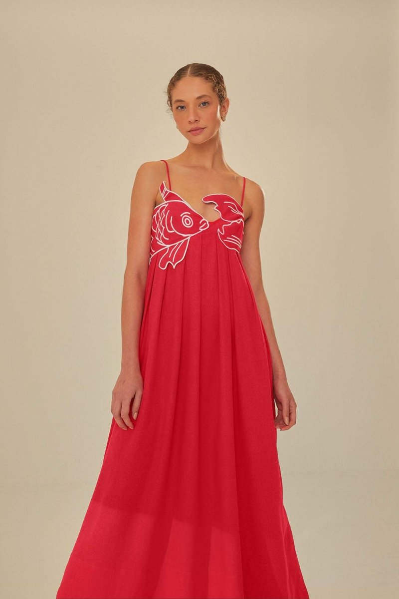 Maxikleid Mit Goldfisch-Stickerei