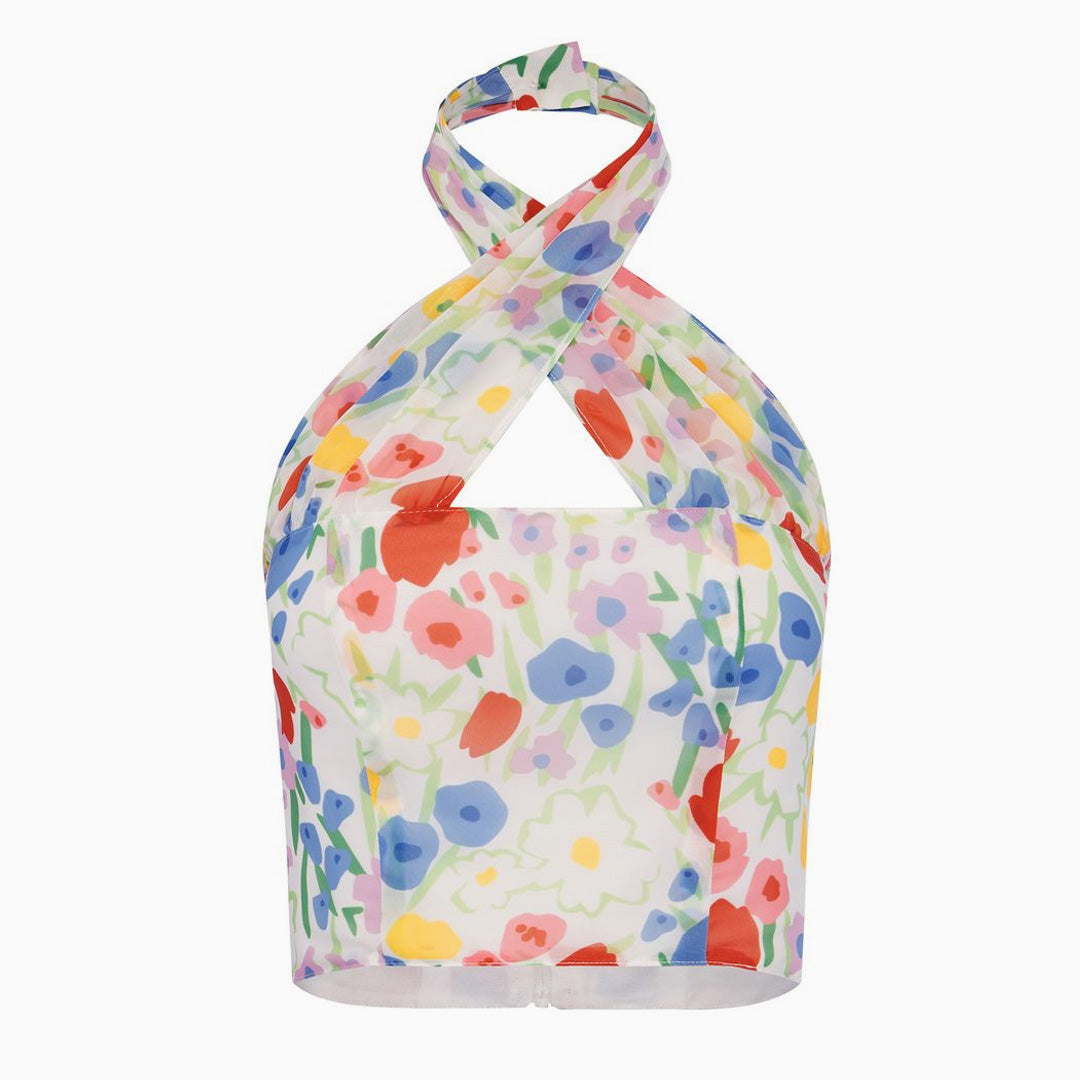 Buntes Niedliches Blumenmuster Crop Top mit Kreuzträgern und Reißverschluss